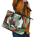 Personalized South Sydney Rabbitohs Leather Tote Bag Aboriginal Dot Art - Dreamtime Rugby Mascot