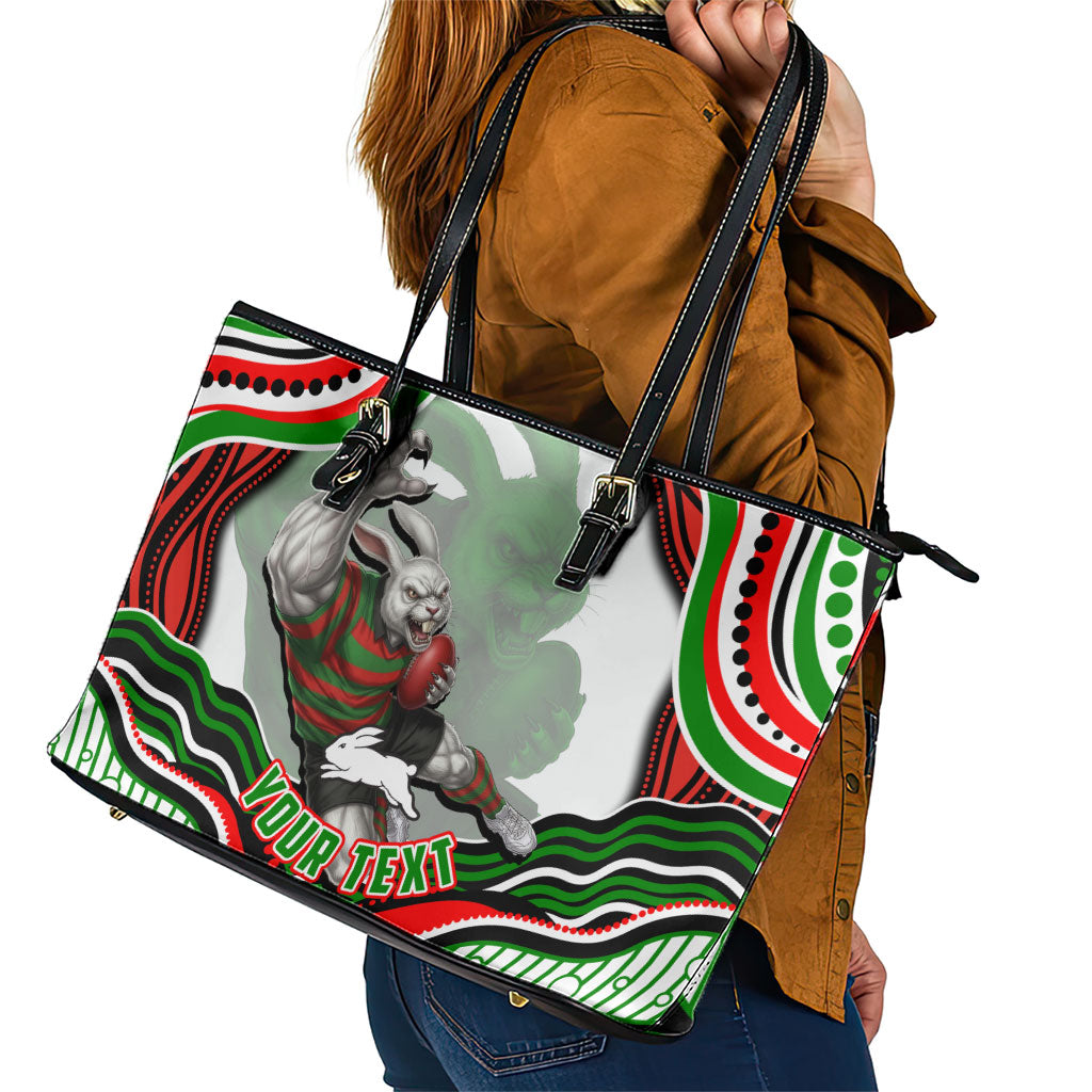 Personalized South Sydney Rabbitohs Leather Tote Bag Aboriginal Dot Art - Dreamtime Rugby Mascot