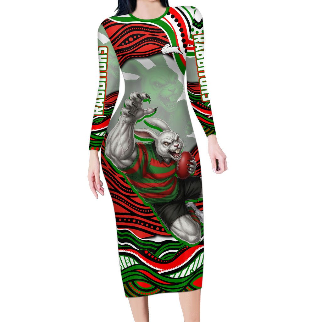 Personalized South Sydney Rabbitohs Long Sleeve Bodycon Dress Aboriginal Dot Art - Dreamtime Rugby Mascot