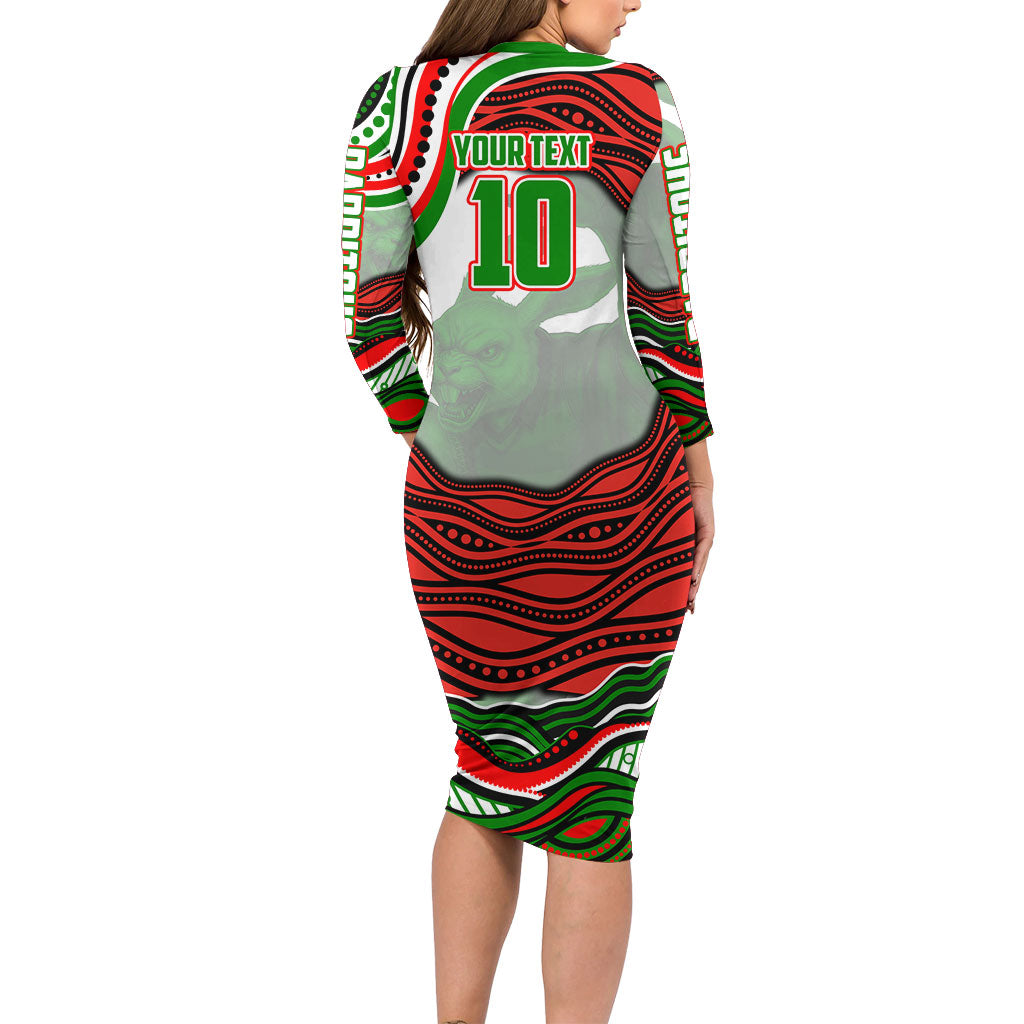 Personalized South Sydney Rabbitohs Long Sleeve Bodycon Dress Aboriginal Dot Art - Dreamtime Rugby Mascot