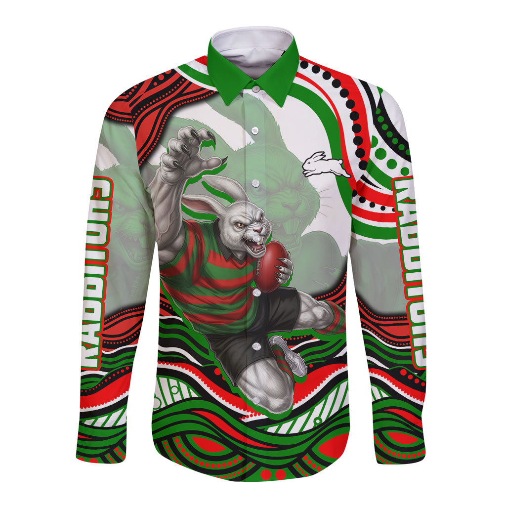Personalized South Sydney Rabbitohs Long Sleeve Button Shirt Aboriginal Dot Art - Dreamtime Rugby Mascot