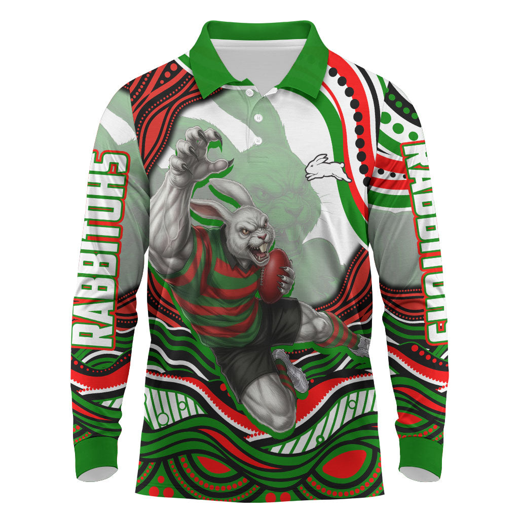 Personalized South Sydney Rabbitohs Long Sleeve Polo Shirt Aboriginal Dot Art - Dreamtime Rugby Mascot