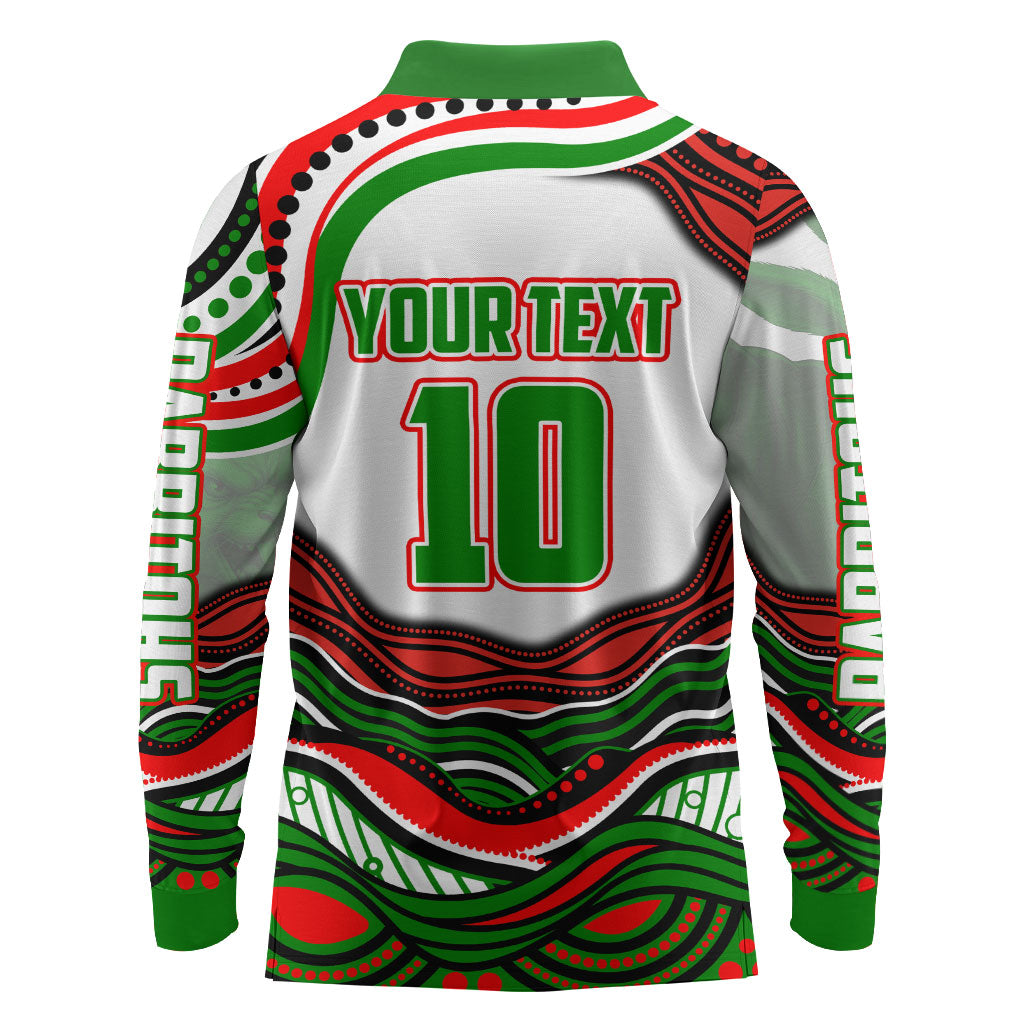 Personalized South Sydney Rabbitohs Long Sleeve Polo Shirt Aboriginal Dot Art - Dreamtime Rugby Mascot
