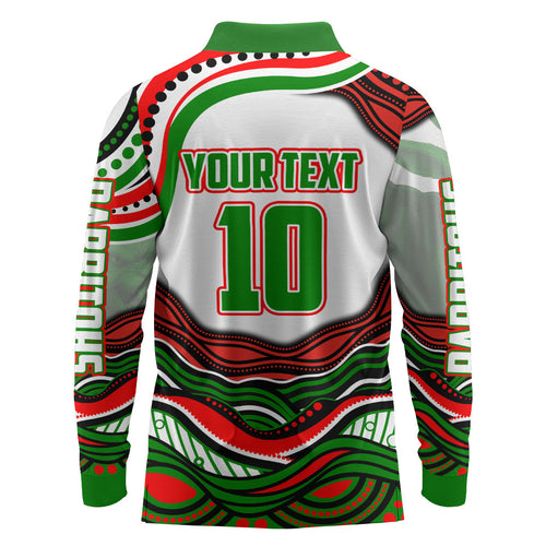 Personalized South Sydney Rabbitohs Long Sleeve Polo Shirt Aboriginal Dot Art - Dreamtime Rugby Mascot