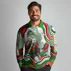 Personalized South Sydney Rabbitohs Long Sleeve Polo Shirt Aboriginal Dot Art - Dreamtime Rugby Mascot