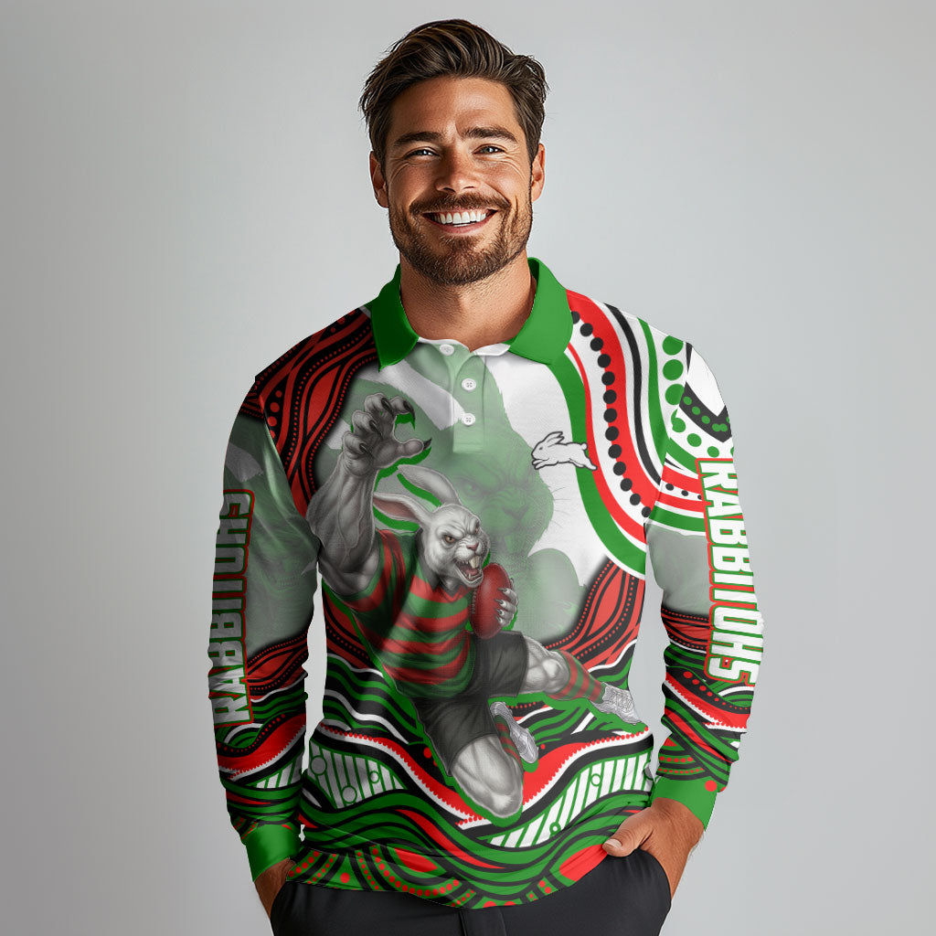 Personalized South Sydney Rabbitohs Long Sleeve Polo Shirt Aboriginal Dot Art - Dreamtime Rugby Mascot
