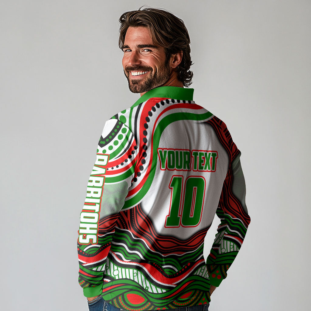 Personalized South Sydney Rabbitohs Long Sleeve Polo Shirt Aboriginal Dot Art - Dreamtime Rugby Mascot