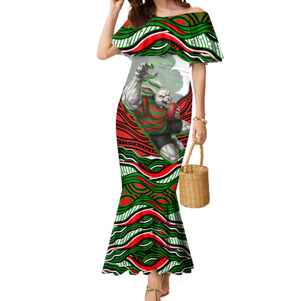 Personalized South Sydney Rabbitohs Mermaid Dress Aboriginal Dot Art - Dreamtime Rugby Mascot