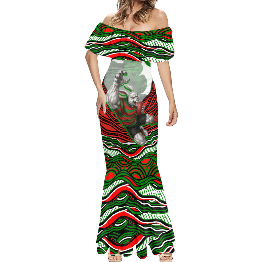 Personalized South Sydney Rabbitohs Mermaid Dress Aboriginal Dot Art - Dreamtime Rugby Mascot