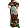 Personalized South Sydney Rabbitohs Off Shoulder Maxi Dress Aboriginal Dot Art - Dreamtime Rugby Mascot