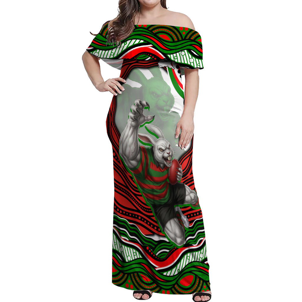 Personalized South Sydney Rabbitohs Off Shoulder Maxi Dress Aboriginal Dot Art - Dreamtime Rugby Mascot
