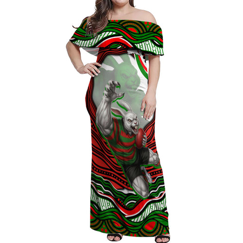 Personalized South Sydney Rabbitohs Off Shoulder Maxi Dress Aboriginal Dot Art - Dreamtime Rugby Mascot