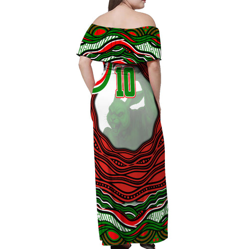 Personalized South Sydney Rabbitohs Off Shoulder Maxi Dress Aboriginal Dot Art - Dreamtime Rugby Mascot