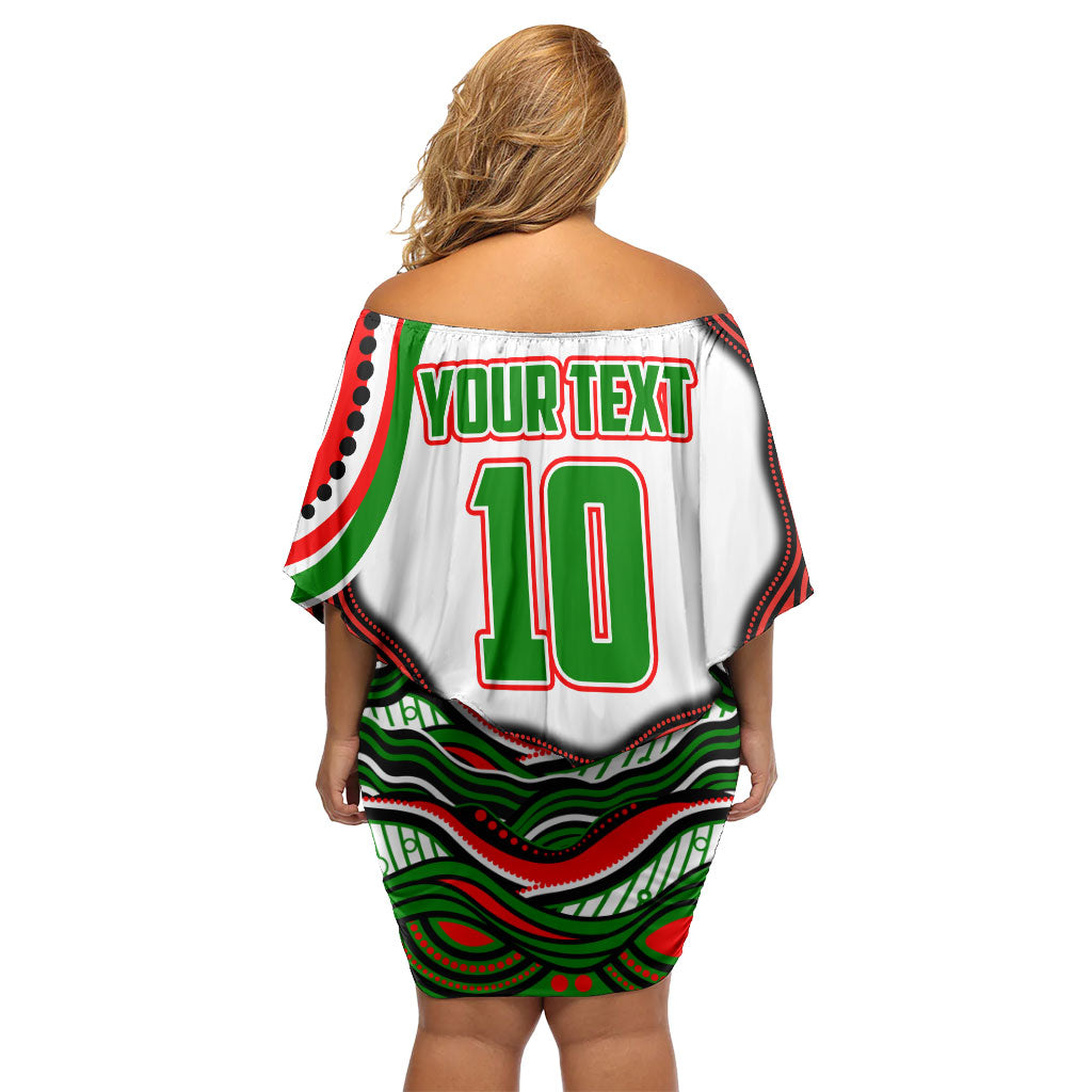 Personalized South Sydney Rabbitohs Off Shoulder Short Dress Aboriginal Dot Art - Dreamtime Rugby Mascot