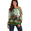 Personalized South Sydney Rabbitohs Off Shoulder Sweater Aboriginal Dot Art - Dreamtime Rugby Mascot