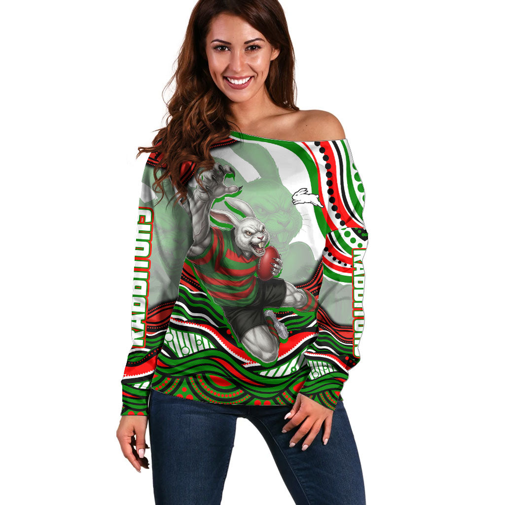 Personalized South Sydney Rabbitohs Off Shoulder Sweater Aboriginal Dot Art - Dreamtime Rugby Mascot