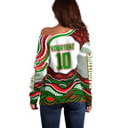 Personalized South Sydney Rabbitohs Off Shoulder Sweater Aboriginal Dot Art - Dreamtime Rugby Mascot