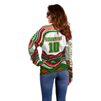 Personalized South Sydney Rabbitohs Off Shoulder Sweater Aboriginal Dot Art - Dreamtime Rugby Mascot
