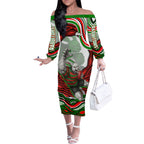 Personalized South Sydney Rabbitohs Off The Shoulder Long Sleeve Dress Aboriginal Dot Art - Dreamtime Rugby Mascot