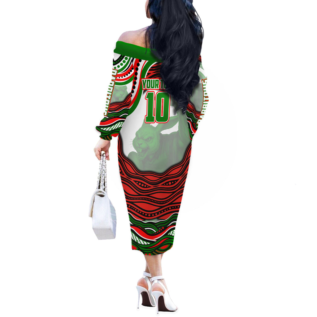 Personalized South Sydney Rabbitohs Off The Shoulder Long Sleeve Dress Aboriginal Dot Art - Dreamtime Rugby Mascot