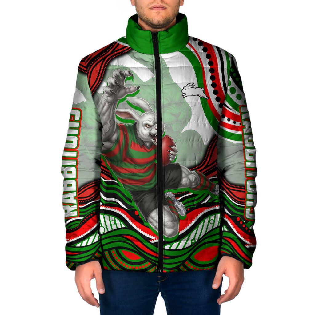 Personalized South Sydney Rabbitohs Padded Jacket Aboriginal Dot Art - Dreamtime Rugby Mascot