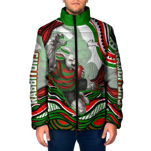 Personalized South Sydney Rabbitohs Padded Jacket Aboriginal Dot Art - Dreamtime Rugby Mascot