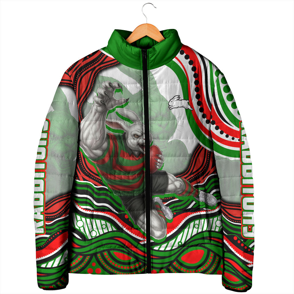 Personalized South Sydney Rabbitohs Padded Jacket Aboriginal Dot Art - Dreamtime Rugby Mascot