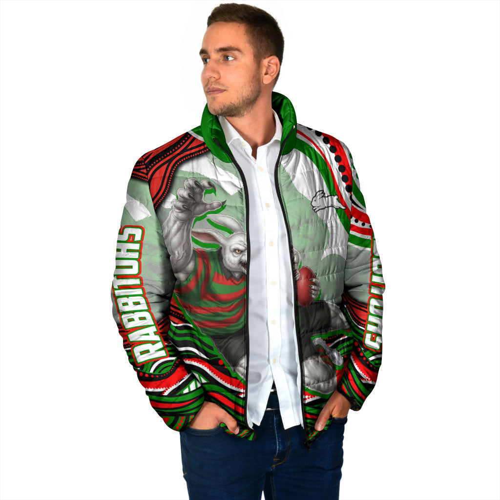 Personalized South Sydney Rabbitohs Padded Jacket Aboriginal Dot Art - Dreamtime Rugby Mascot
