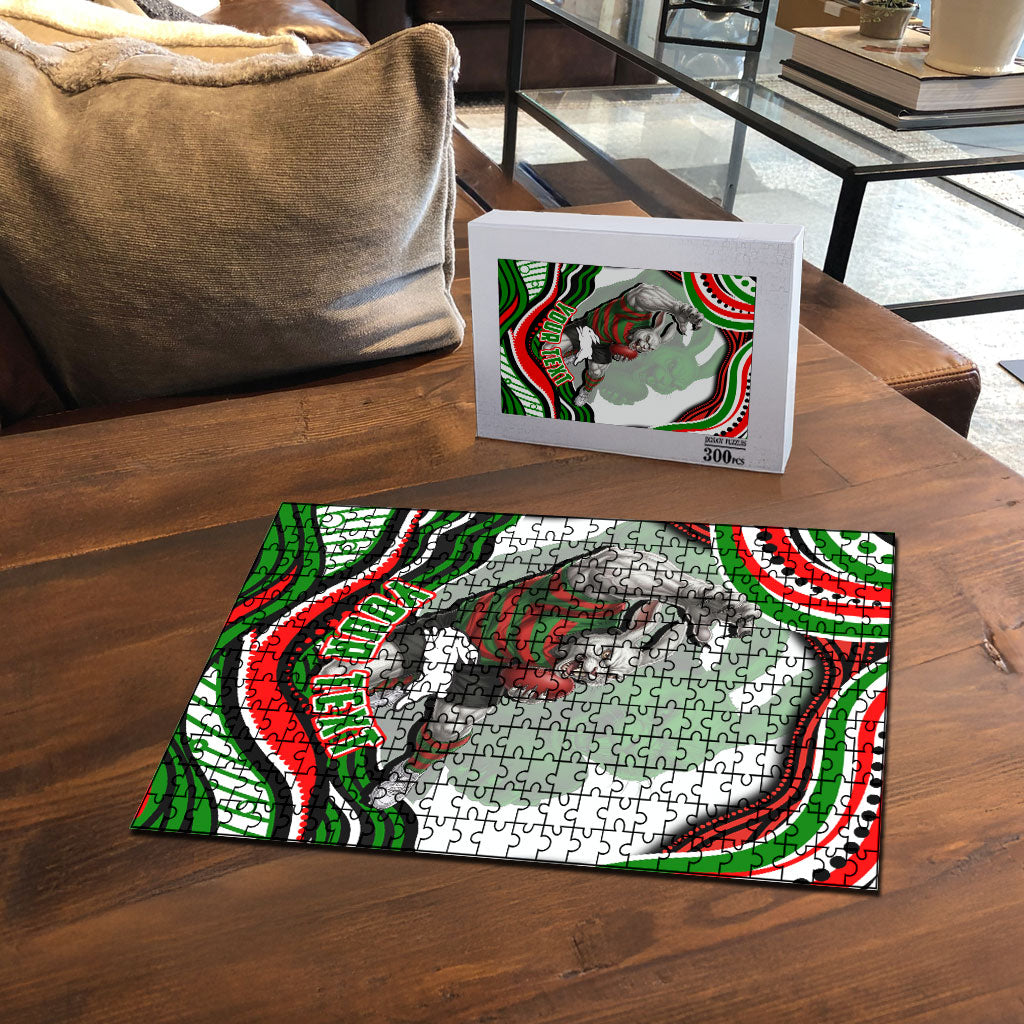 Personalized South Sydney Rabbitohs Puzzle Aboriginal Dot Art - Dreamtime Rugby Mascot