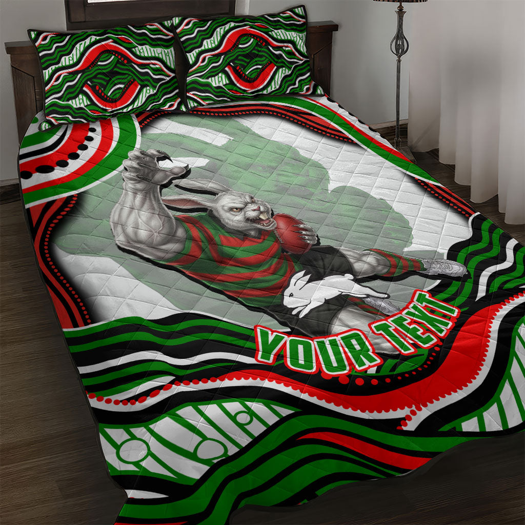Personalized South Sydney Rabbitohs Quilt Bed Set Aboriginal Dot Art - Dreamtime Rugby Mascot