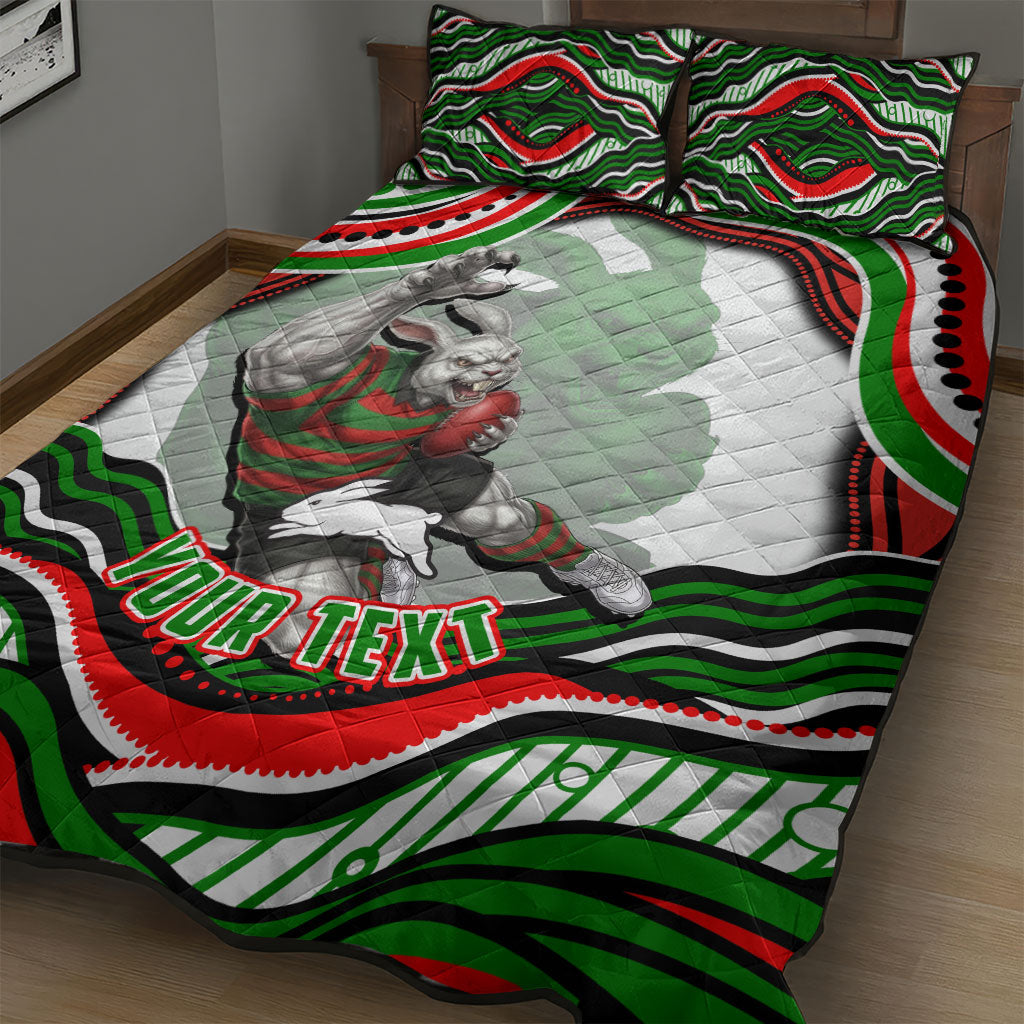 Personalized South Sydney Rabbitohs Quilt Bed Set Aboriginal Dot Art - Dreamtime Rugby Mascot