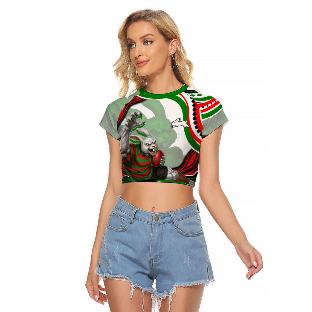 Personalized South Sydney Rabbitohs Raglan Cropped T Shirt Aboriginal Dot Art - Dreamtime Rugby Mascot