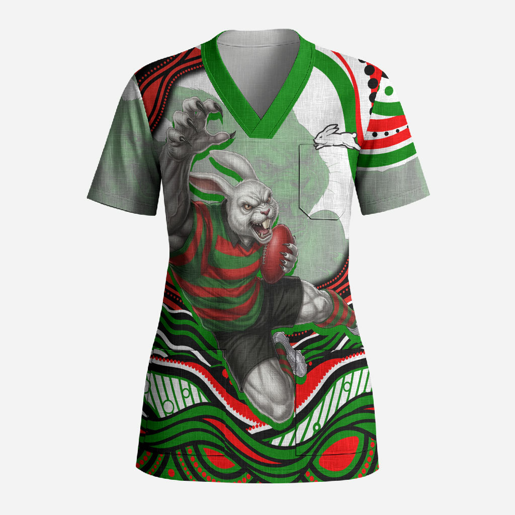 Personalized South Sydney Rabbitohs Scrub Top Aboriginal Dot Art - Dreamtime Rugby Mascot