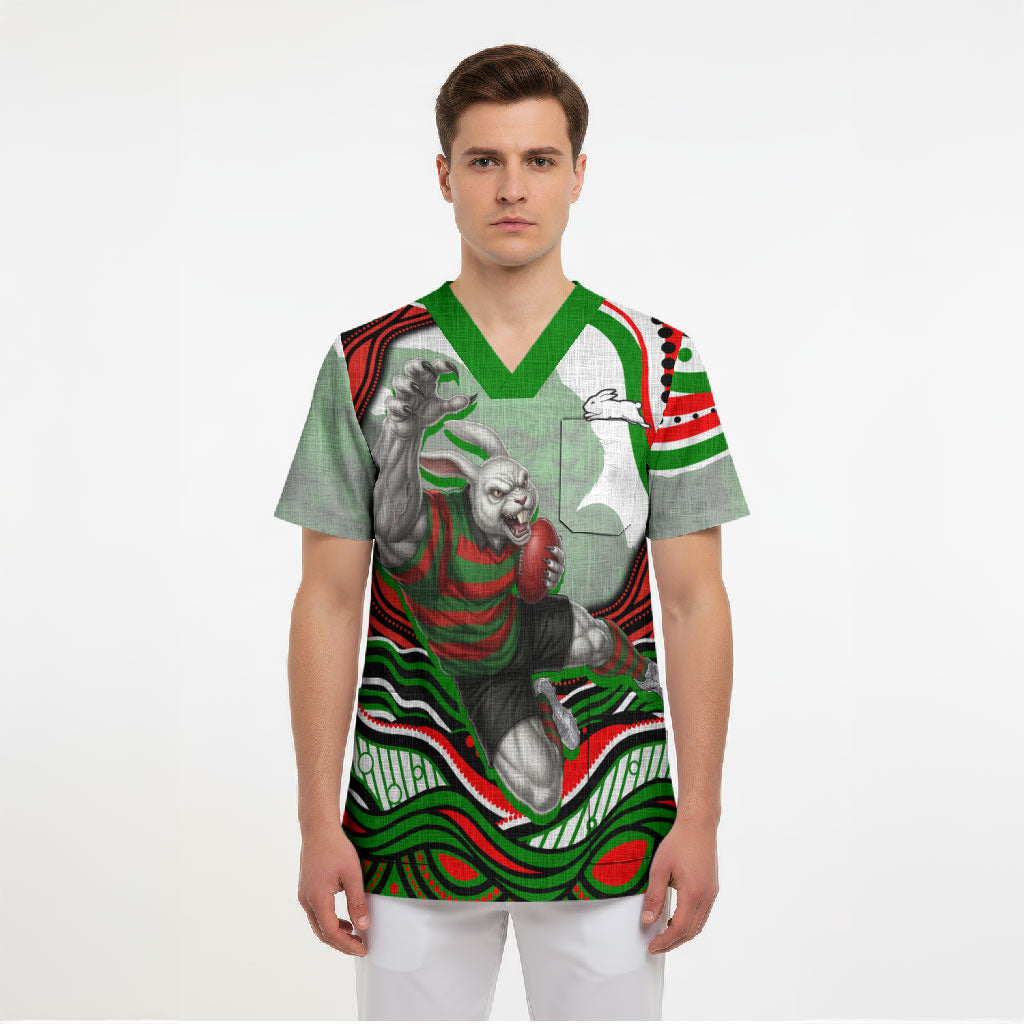 Personalized South Sydney Rabbitohs Scrub Top Aboriginal Dot Art - Dreamtime Rugby Mascot