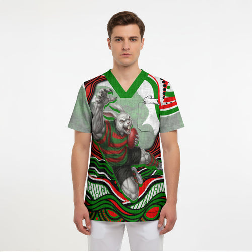 Personalized South Sydney Rabbitohs Scrub Top Aboriginal Dot Art - Dreamtime Rugby Mascot