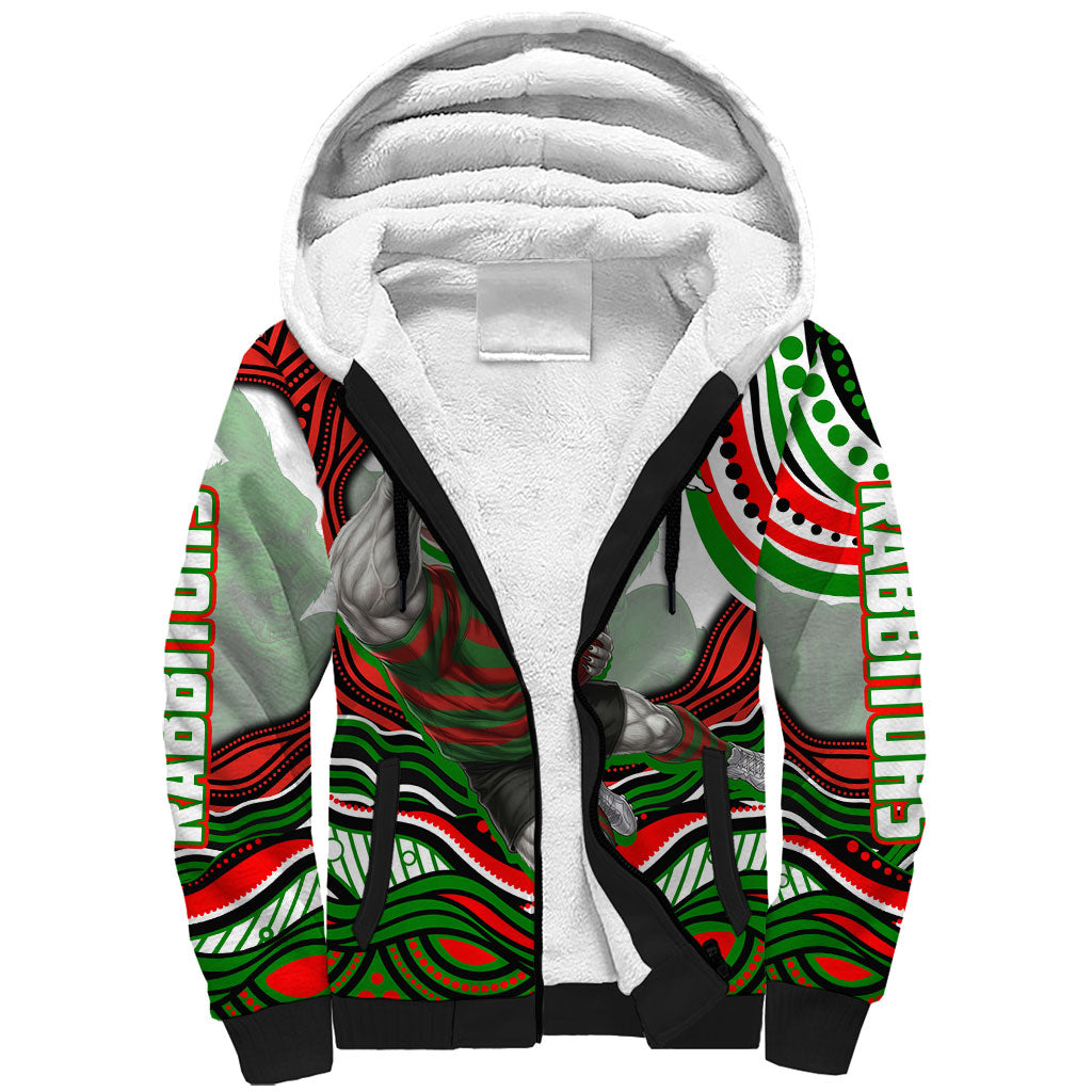 Personalized South Sydney Rabbitohs Sherpa Hoodie Aboriginal Dot Art - Dreamtime Rugby Mascot