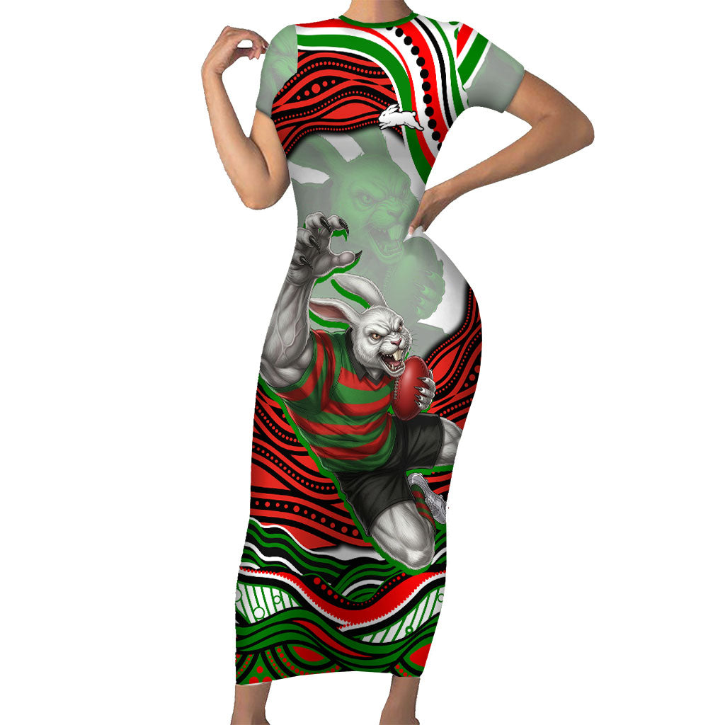 Personalized South Sydney Rabbitohs Short Sleeve Bodycon Dress Aboriginal Dot Art - Dreamtime Rugby Mascot