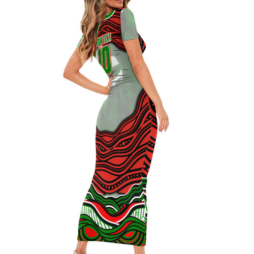 Personalized South Sydney Rabbitohs Short Sleeve Bodycon Dress Aboriginal Dot Art - Dreamtime Rugby Mascot