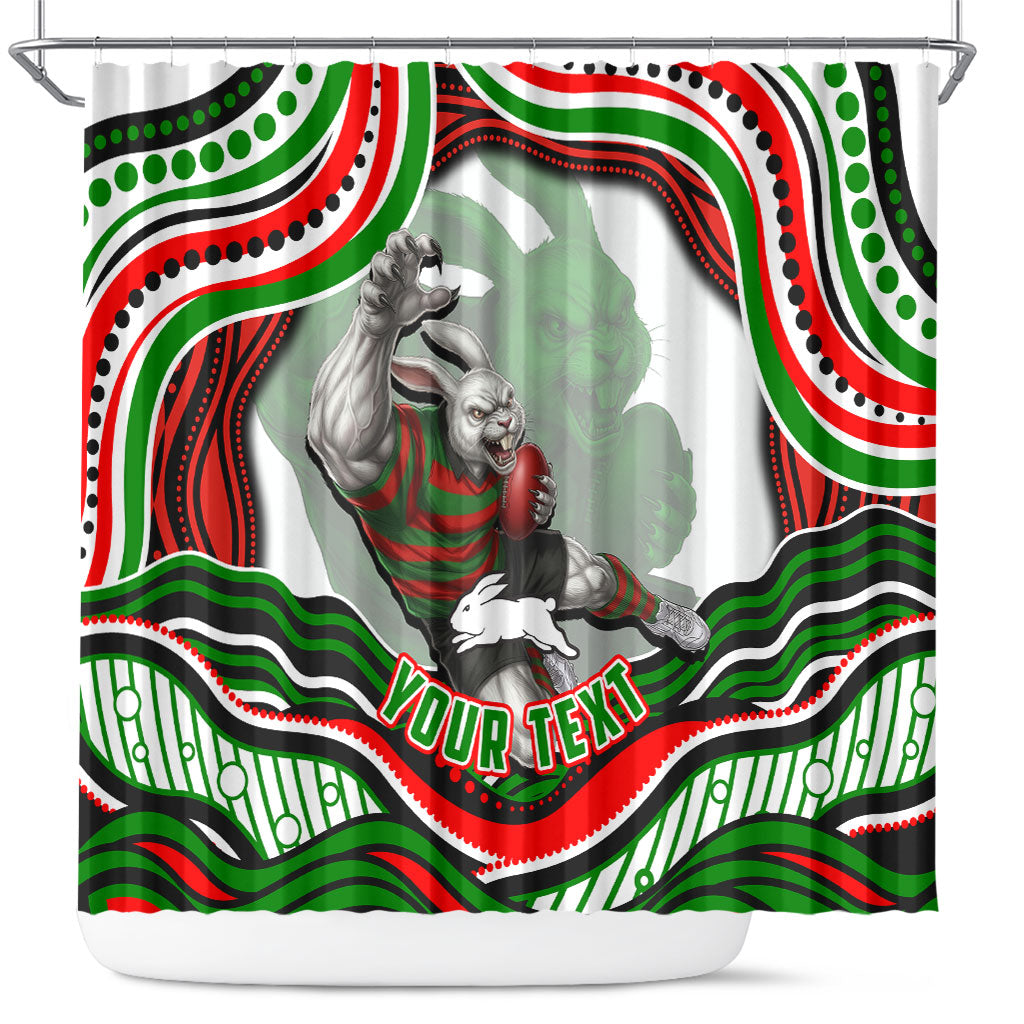 Personalized South Sydney Rabbitohs Shower Curtain Aboriginal Dot Art - Dreamtime Rugby Mascot