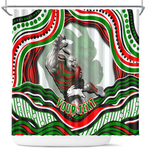Personalized South Sydney Rabbitohs Shower Curtain Aboriginal Dot Art - Dreamtime Rugby Mascot
