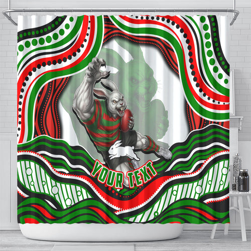 Personalized South Sydney Rabbitohs Shower Curtain Aboriginal Dot Art - Dreamtime Rugby Mascot
