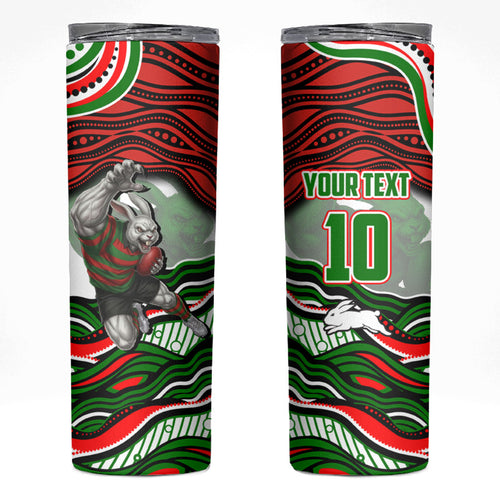 Personalized South Sydney Rabbitohs Skinny Tumbler Aboriginal Dot Art - Dreamtime Rugby Mascot