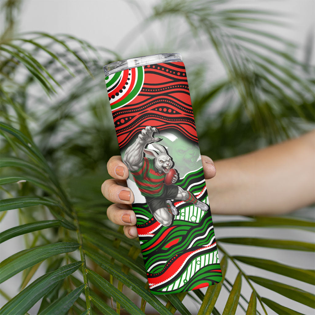 Personalized South Sydney Rabbitohs Skinny Tumbler Aboriginal Dot Art - Dreamtime Rugby Mascot
