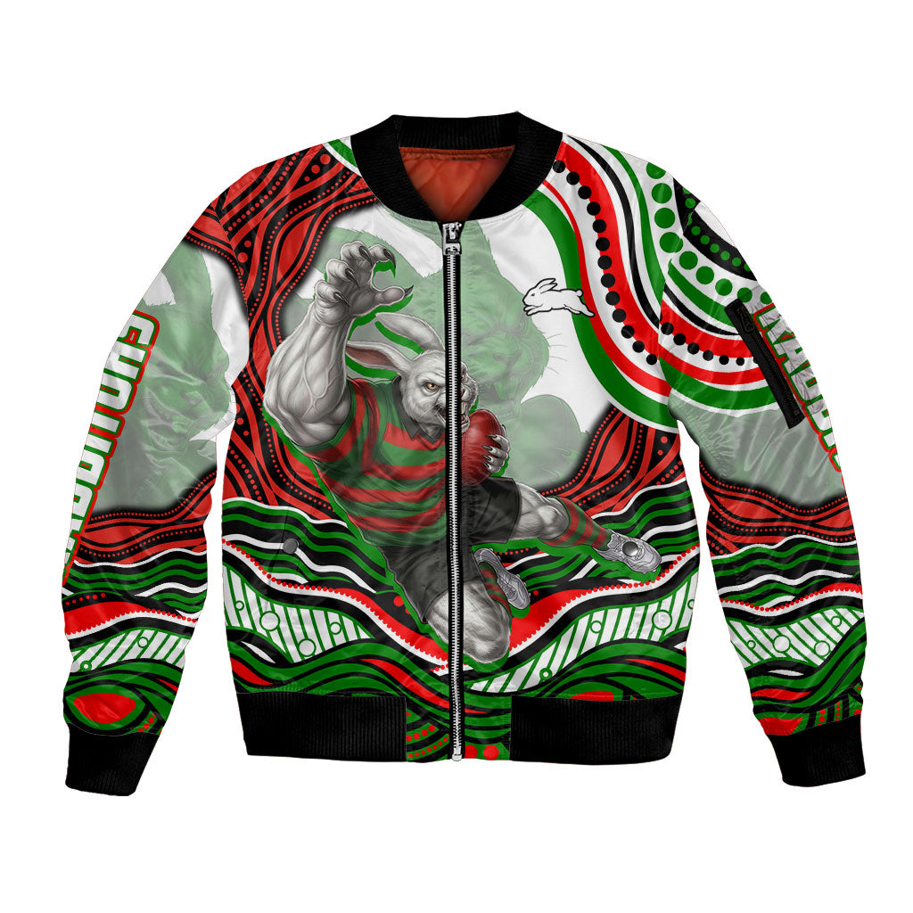 Personalized South Sydney Rabbitohs Sleeve Zip Bomber Jacket Aboriginal Dot Art - Dreamtime Rugby Mascot
