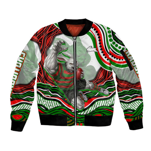 Personalized South Sydney Rabbitohs Sleeve Zip Bomber Jacket Aboriginal Dot Art - Dreamtime Rugby Mascot