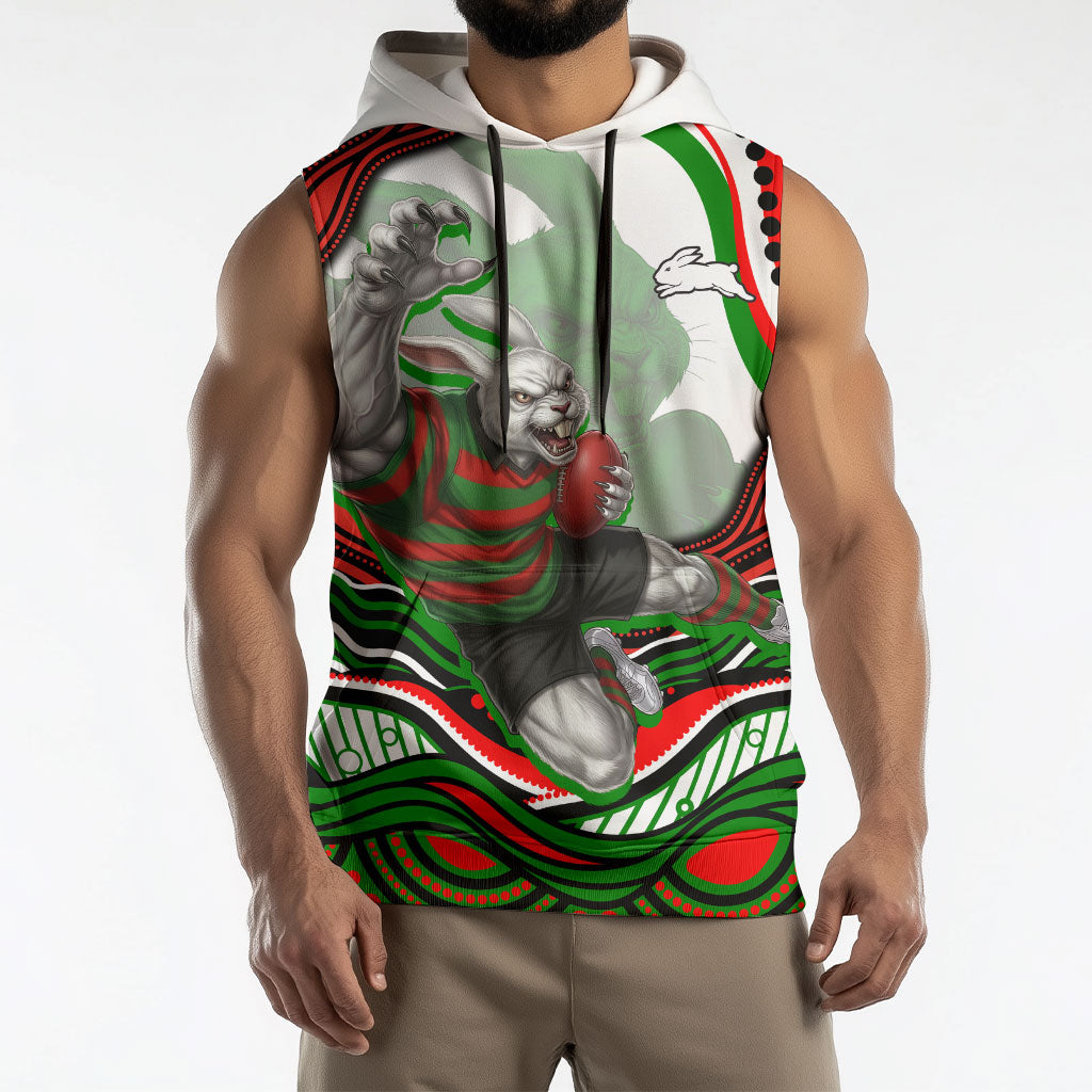 Personalized South Sydney Rabbitohs Sleeveless Hoodie Aboriginal Dot Art - Dreamtime Rugby Mascot
