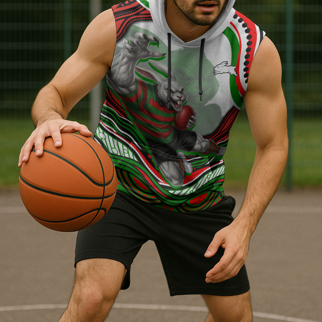 Personalized South Sydney Rabbitohs Sleeveless Hoodie Aboriginal Dot Art - Dreamtime Rugby Mascot