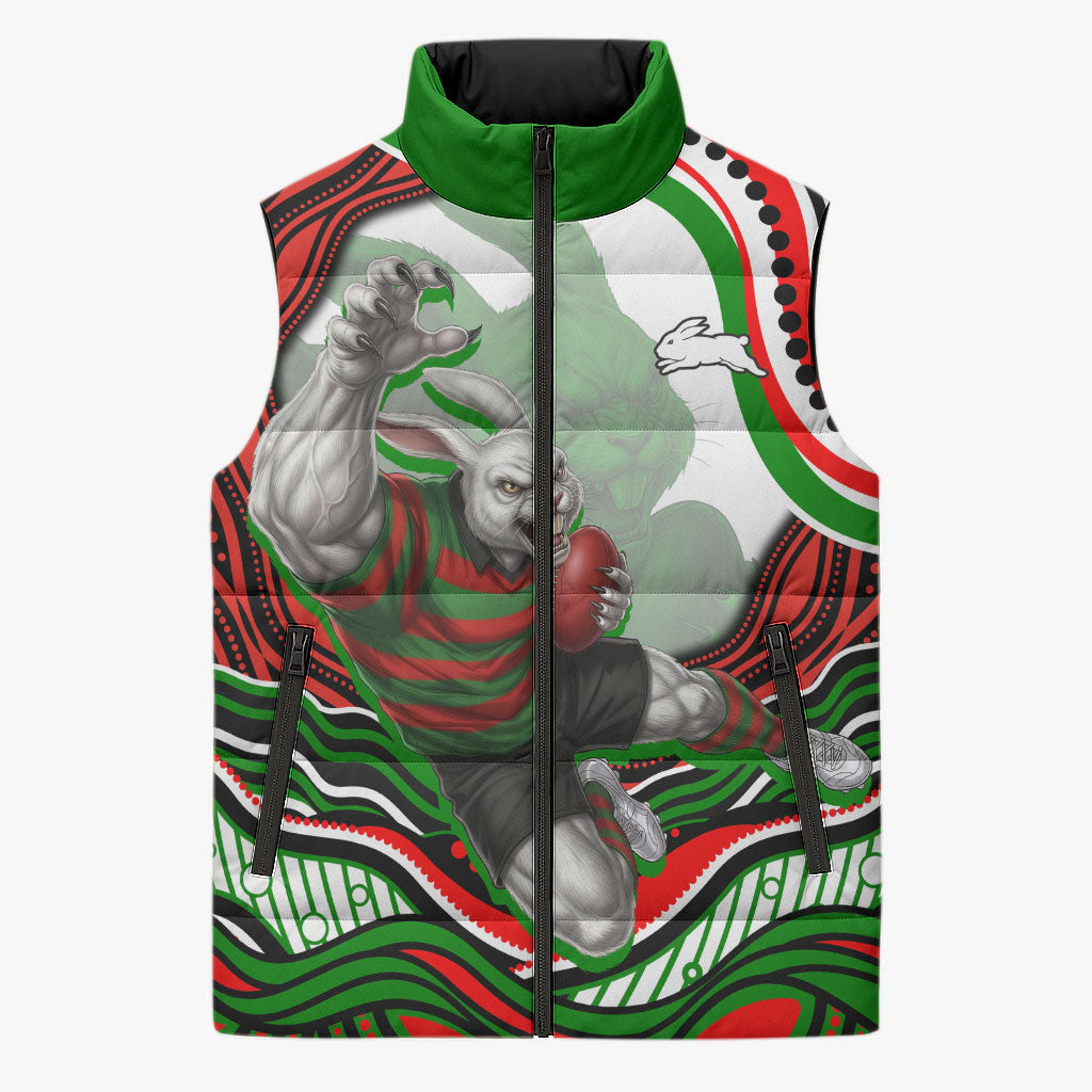 Personalized South Sydney Rabbitohs Sleeveless Puffer Jacket Aboriginal Dot Art - Dreamtime Rugby Mascot