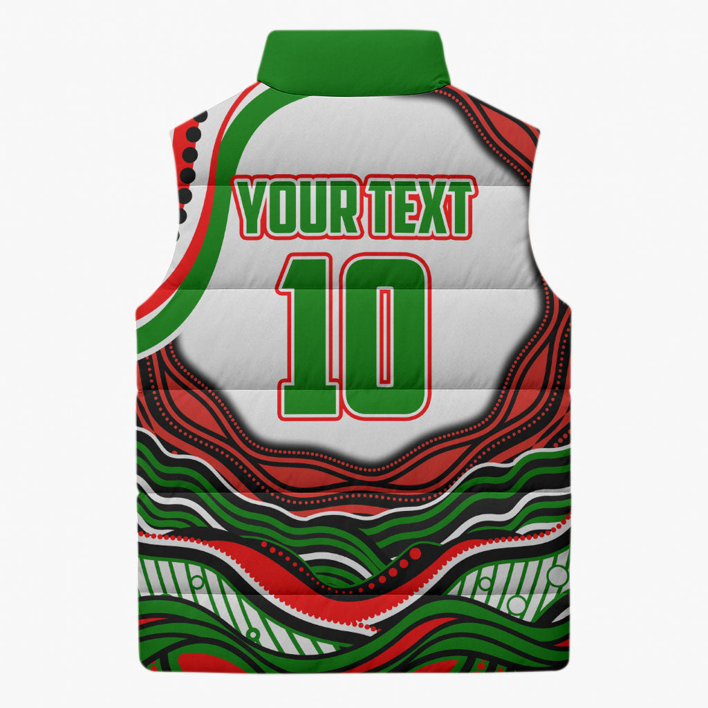 Personalized South Sydney Rabbitohs Sleeveless Puffer Jacket Aboriginal Dot Art - Dreamtime Rugby Mascot