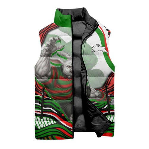 Personalized South Sydney Rabbitohs Sleeveless Puffer Jacket Aboriginal Dot Art - Dreamtime Rugby Mascot